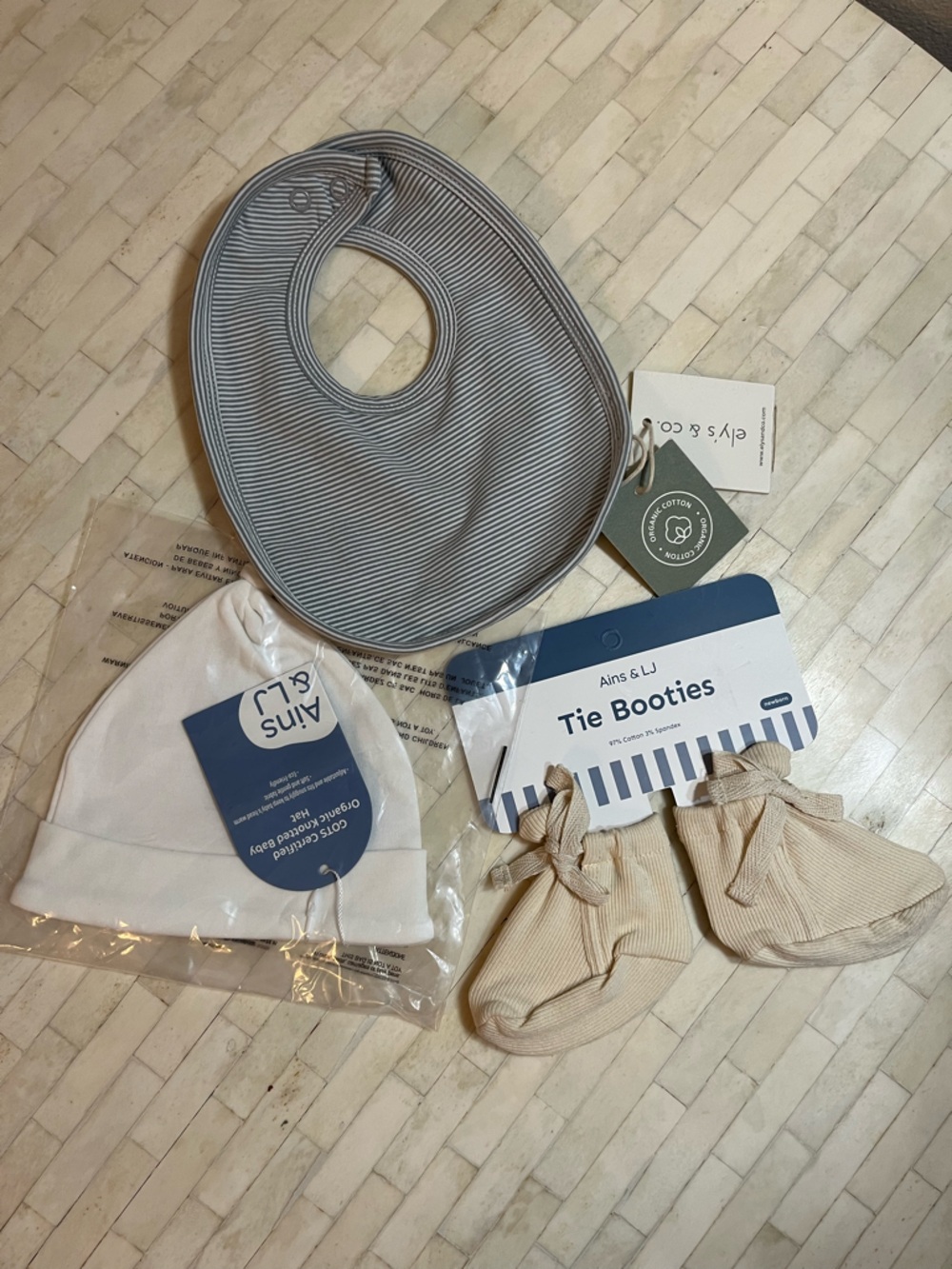 Organic Cotton Set: Baby Hat, Booties with Gray Striped Bib